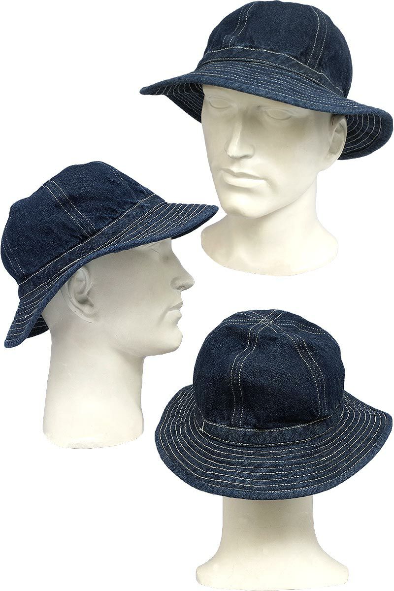 メール便可 米軍タイプ WW2 デニムハット ウォッシュ加工 HH010YNヴィンテージ加工 バケットハット メンズ レディース つば付き ミリタリー ハット シンプル 無地 デニム生地 GI 帽子 コットンハット インディゴ レプリカ 復刻 W