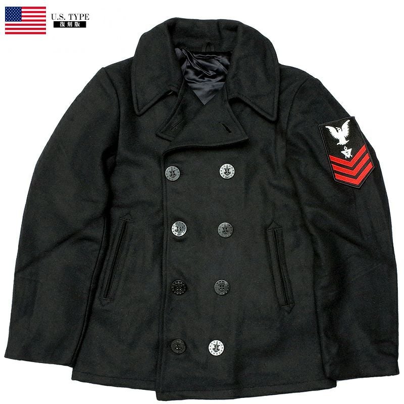 米軍タイプ NAVY Pコート ワッペン付き ブラック ショート丈 メンズ