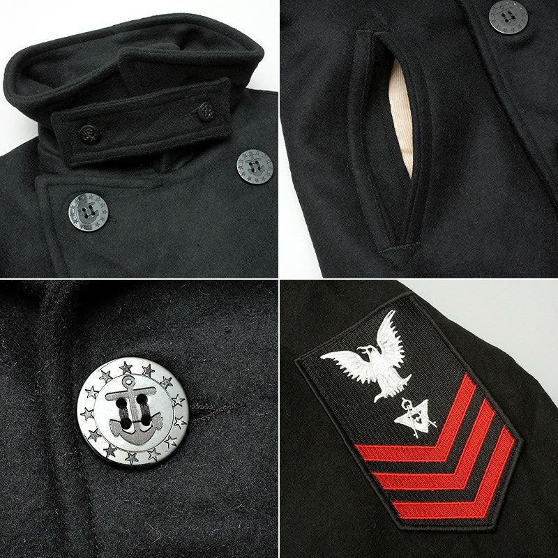 米軍タイプ NAVY Pコート ワッペン付き ブラック ショート丈 メンズ