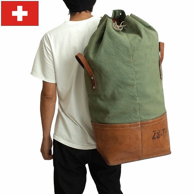 30%OFF！□スイス軍 マウンテンダッフルバッグ レザーボトム USED