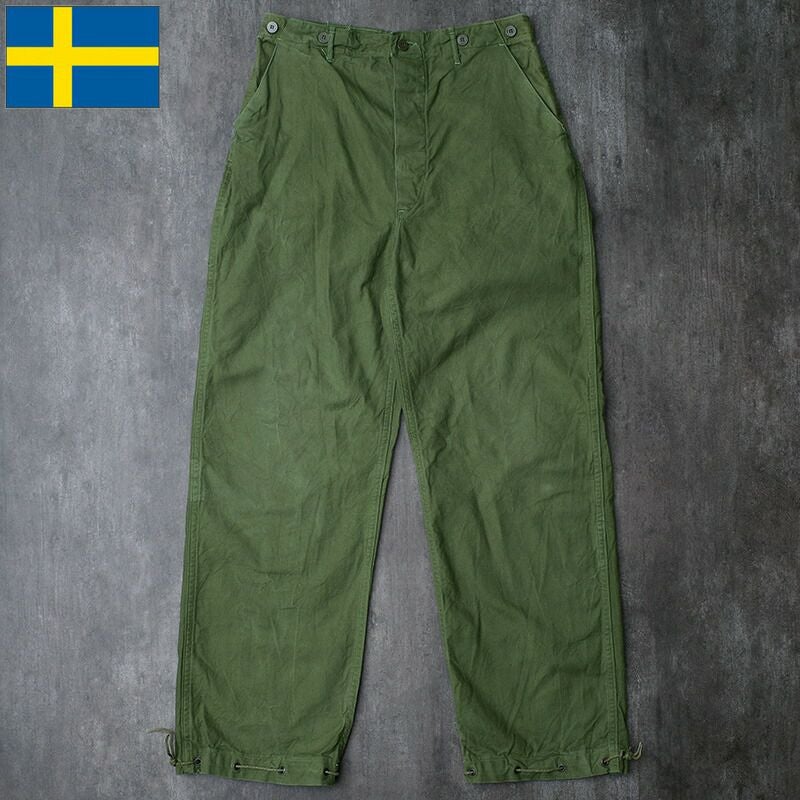 推定30s シンチバック ヴィンテージ ヘリンボーン トラウザーズ パンツ 古着 スウェーデン軍 ワークパンツ コットンツイル シンチバック グリーン